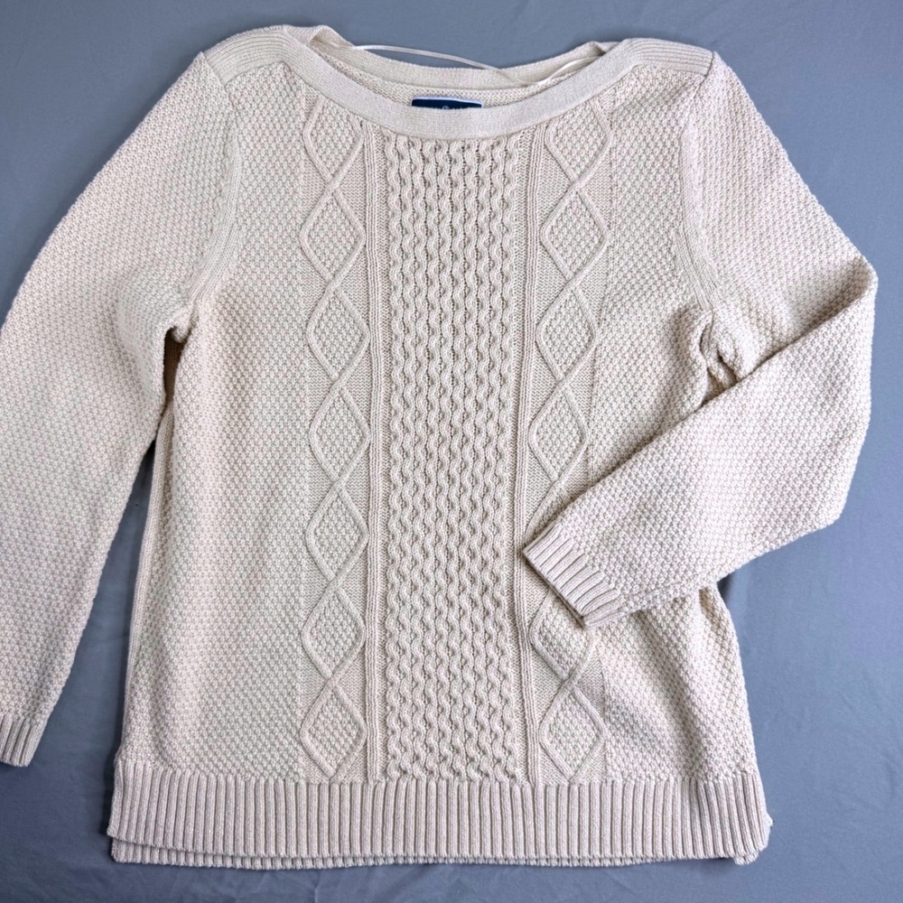 Karen Scott Womens Cream Cable Knit Metallic Sparkle Sweater Boat Neck Large